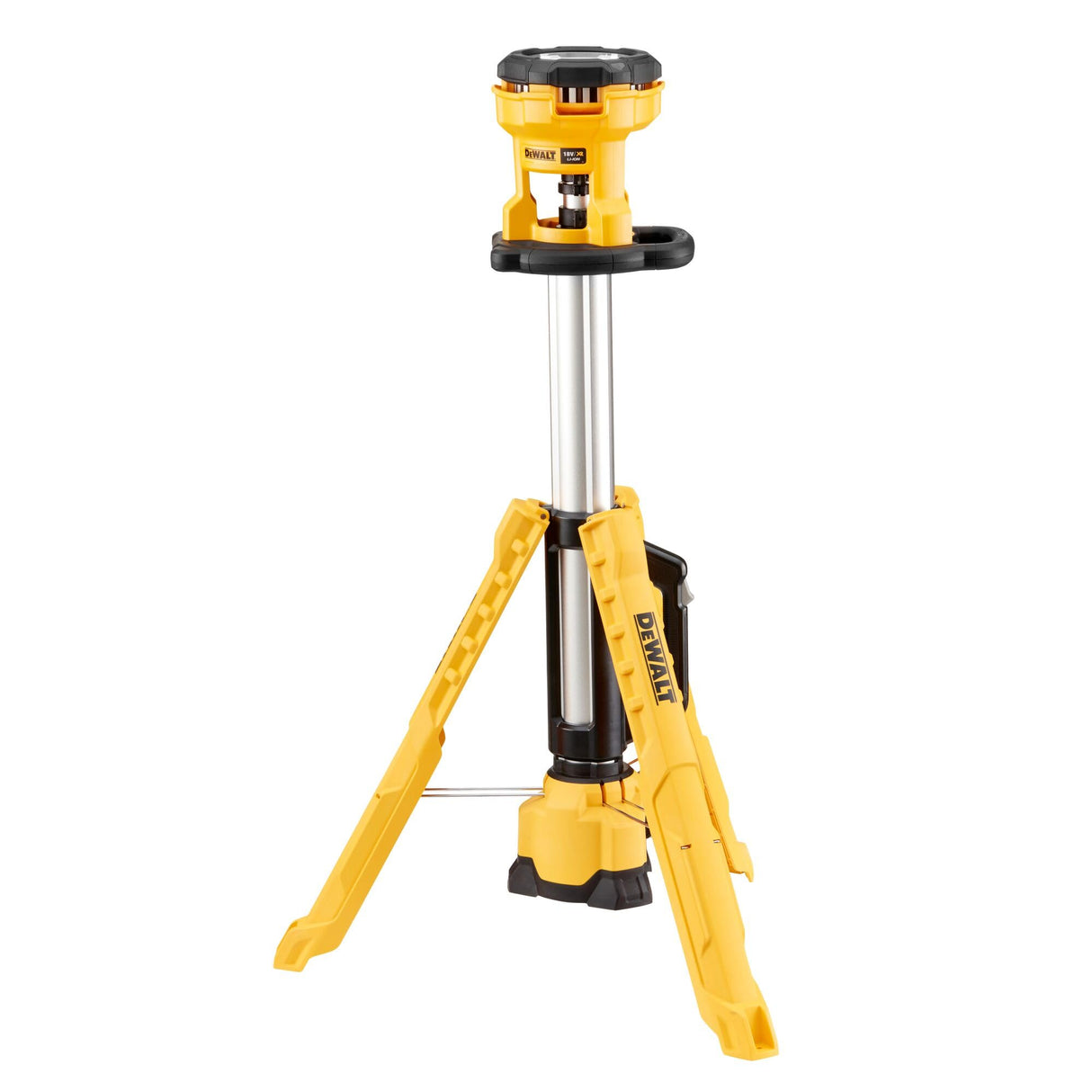 A Dewalt 18V Li-ion XR Cordless LED Tripod Light with a yellow and black color scheme, featuring an adjustable height and a rotating lamp head.