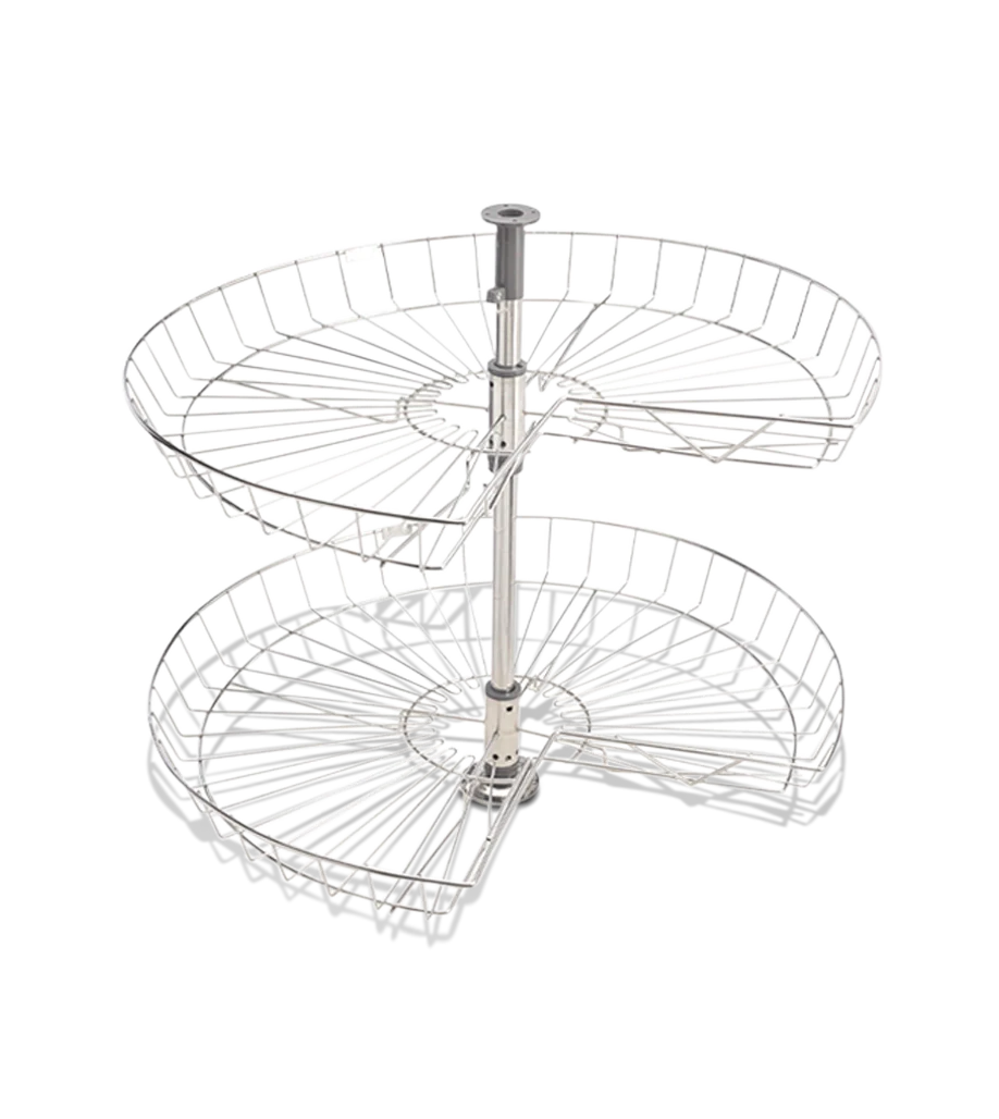 Three-tiered metal wire lazy susan on a white background