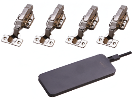 Four metallic hinges and a rectangular black device on a white background