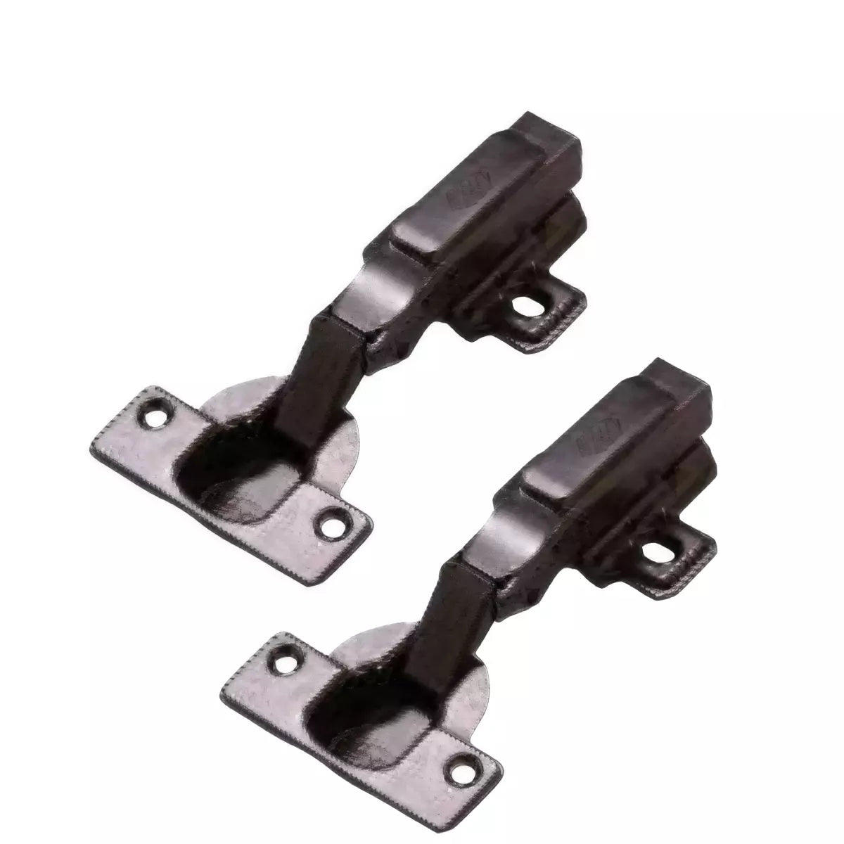 Pair of black cabinet hinges on a white background