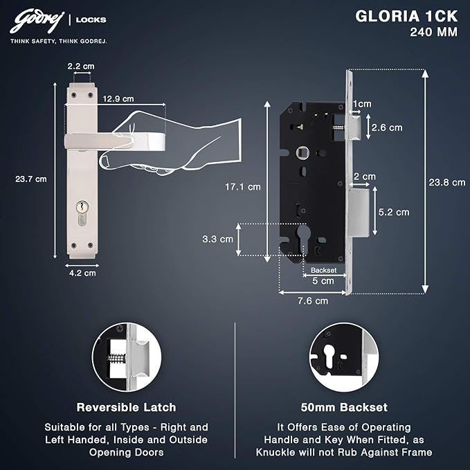 Godrej GLORIA 240 mm Door Handle Set 1CK with Victor Cylinder