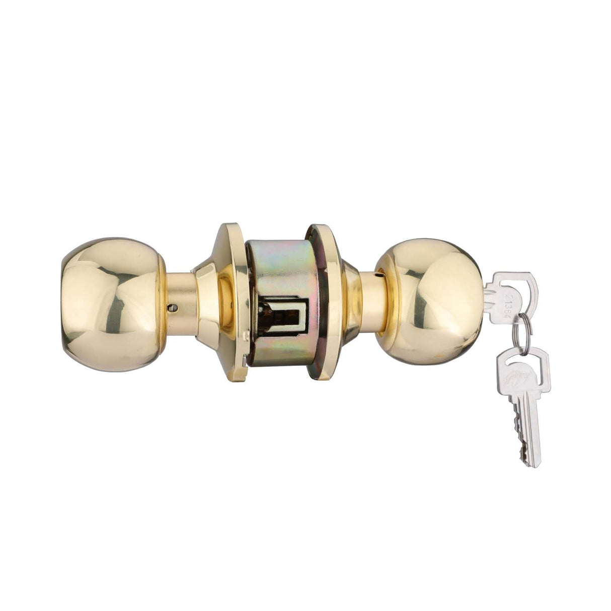 Brass door handle with key on a white background