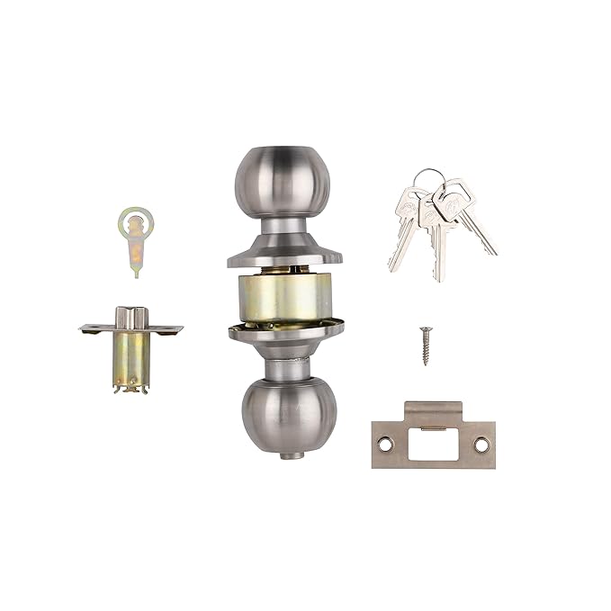 Door lock mechanism with keys and additional components on a white background