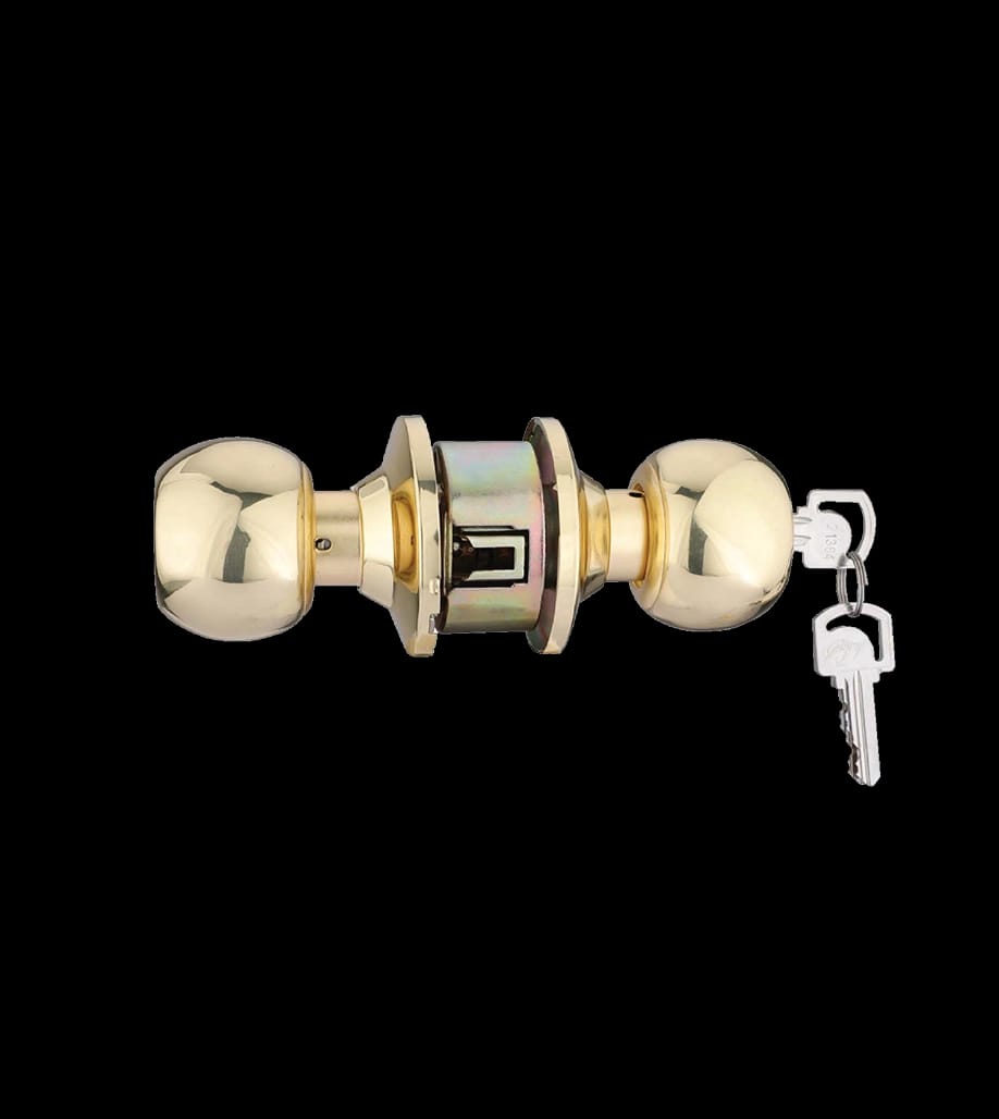 Gold door handle with key on a black background