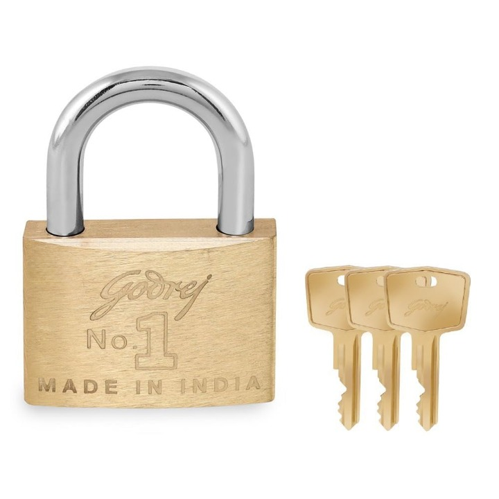 Gold lock with two keys on a white background, featuring 'Godrej' branding.