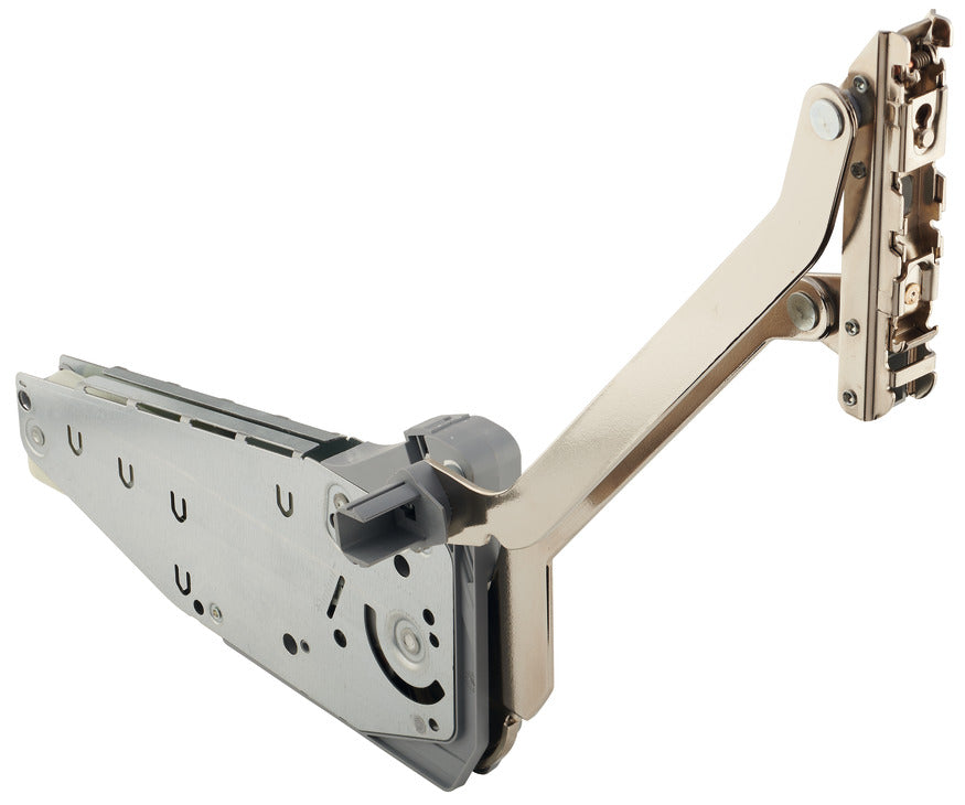Metallic hinge assembly on a white background
