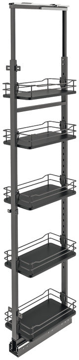 Tall black metal storage rack with multiple shelves