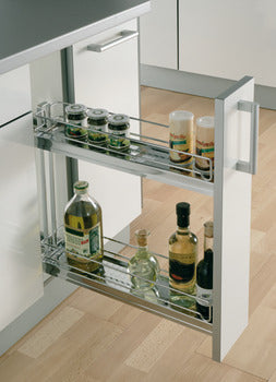 Pull-out kitchen cabinet shelf with glassware and bottles inside