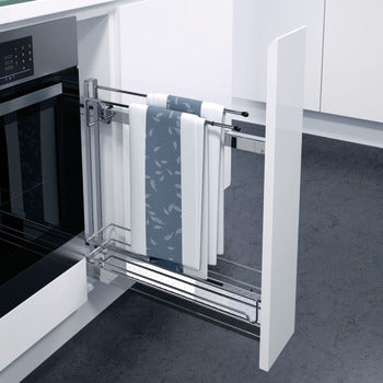 Towel rack with towels inside a kitchen cabinet