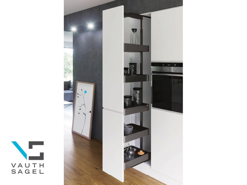 Modern kitchen with a tall white cabinet with shelves, Vauth Sagel logo visible.