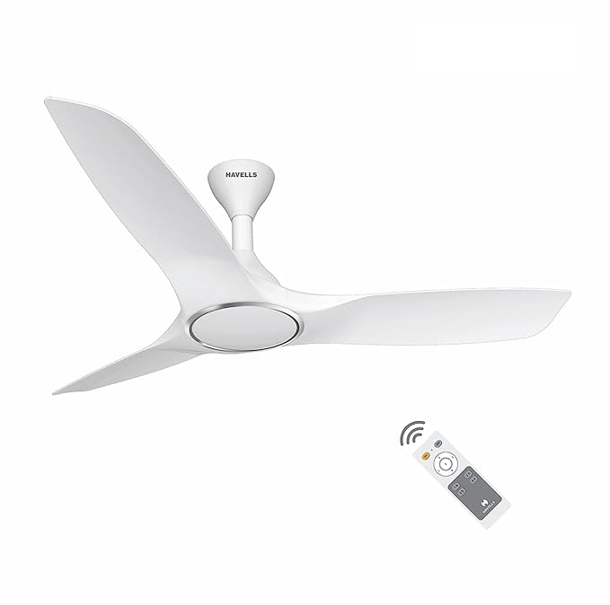 White ceiling fan with remote control on a white background