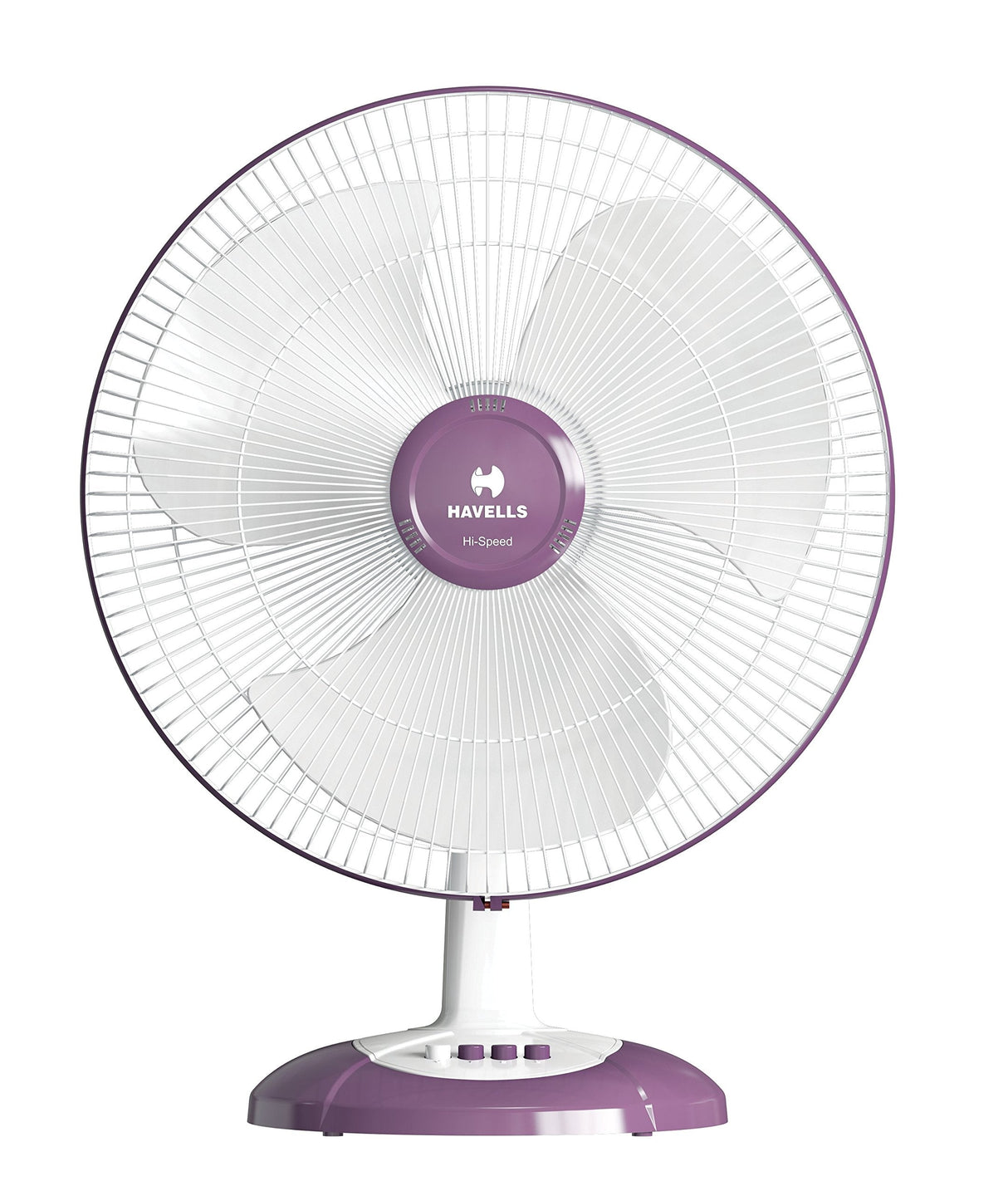 Purple and white oscillating table fan with 'Havells' branding on a white background
