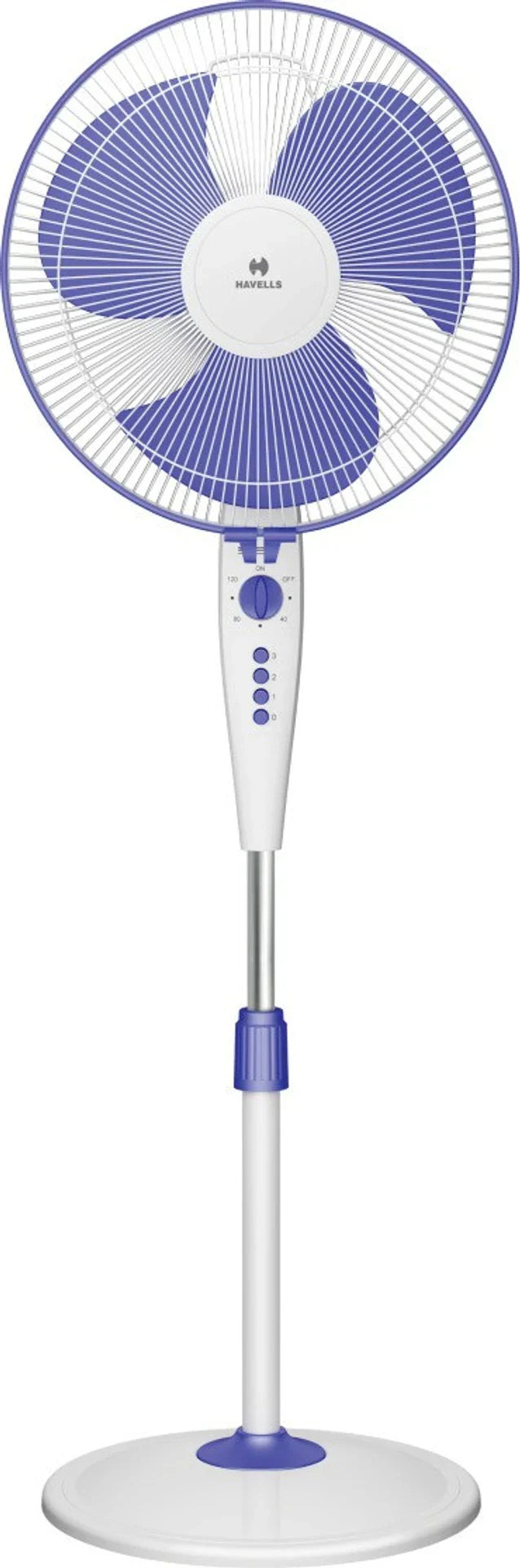 White and blue standing fan on a white background