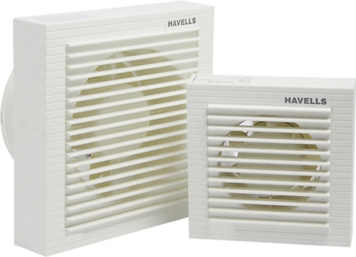 Two white Havells exhaust fans on a white background