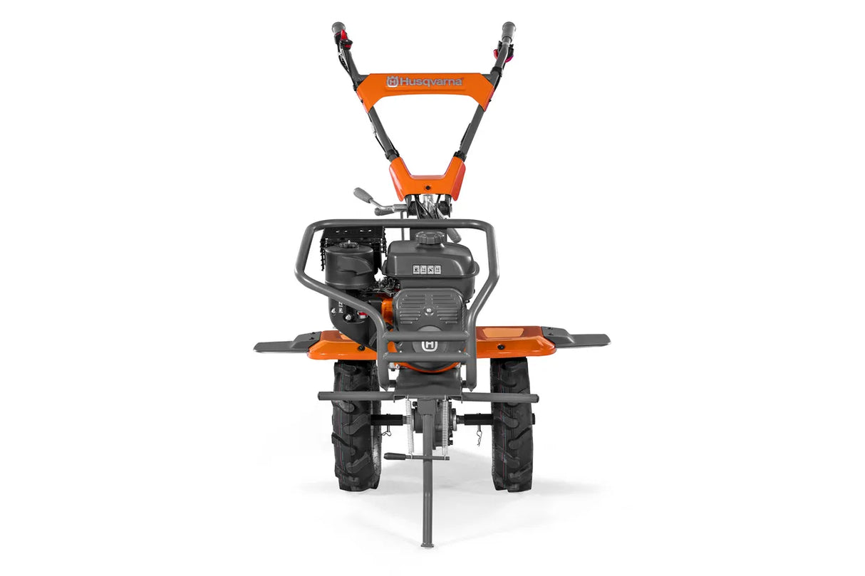 Orange and black tiller on a white background - front view