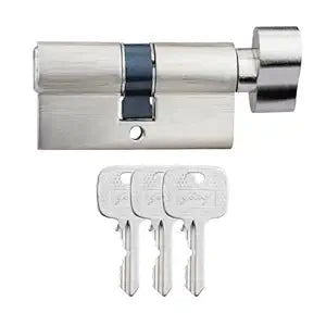 Lock cylinder with three keys on a white background