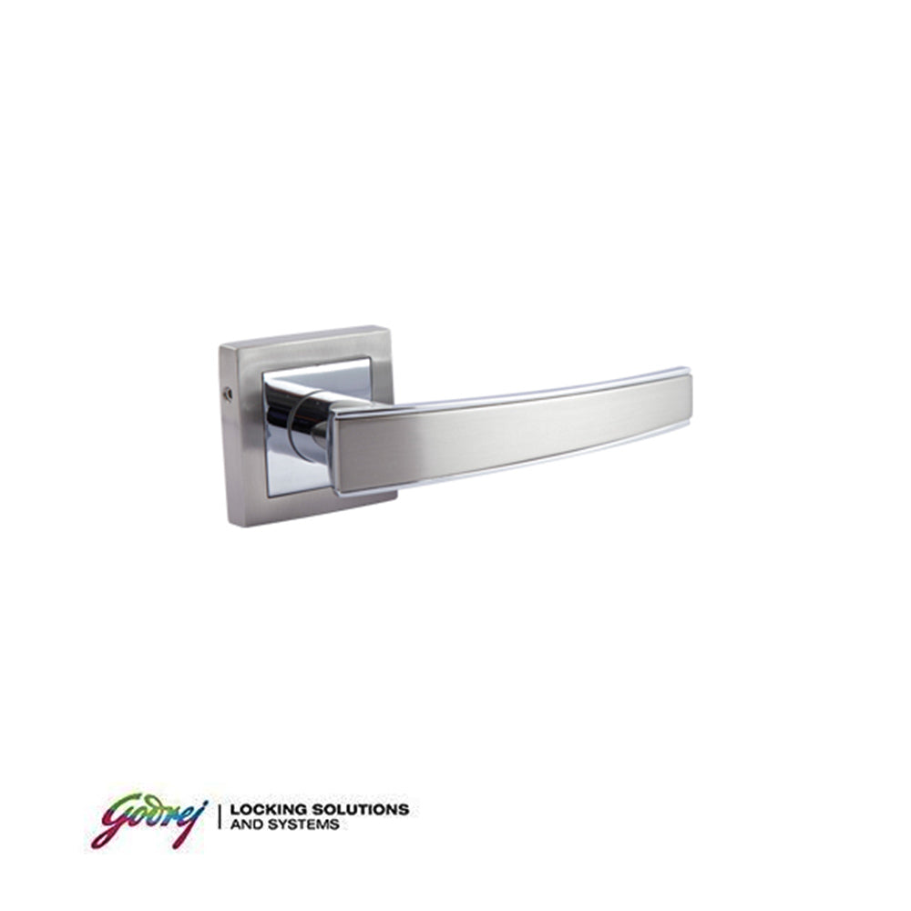 Chrome door handle on a white background with Godrej logo.