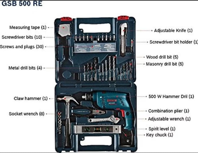 Bosch GSB 500 RE 500W Electric Drill Tool Set - Tools Warehouse