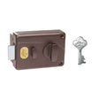 Brown door lock mechanism with a key on a white background