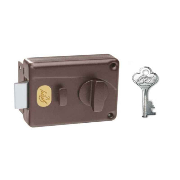 Brown door lock mechanism with a key on a white background