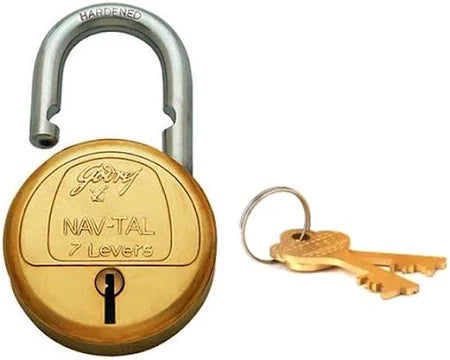 Gold padlock with 'Navtal' branding and two keys on a white background