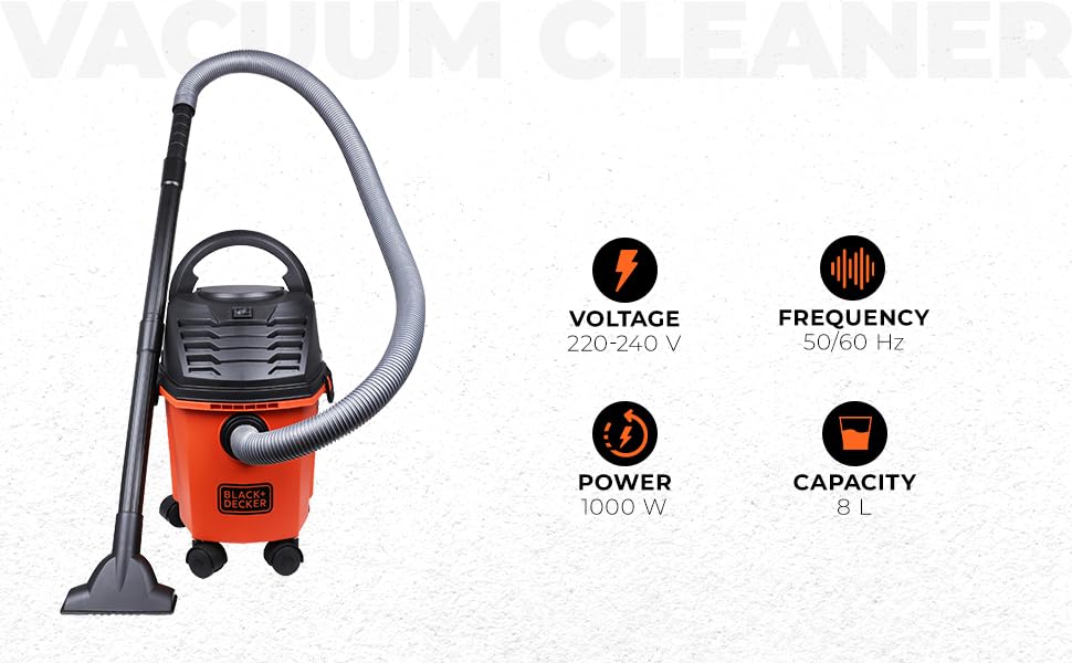 Hover the mouse over the image to zoom in   2 videos     13+ BLACK+DECKER BDWD08-B1 Wet and Dry Vacuum Cleaner with Canister Body, 1000 W, Powerful Suction, 8L Capacity, 220V Vacuum Cleaner for Home Use, 1 Year Manufacturer Warranty (Red / Black)