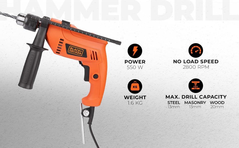 BLACK+DECKER HD555K50 550W 13mm Corded Variable Speed Reversible Impact Drill Machine Kit for Home & DIY Use