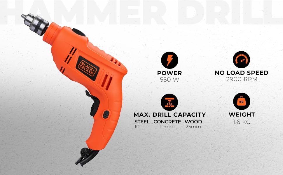 BLACK+DECKER TB555 550W 10mm Variable Speed Reversible Hammer Drill (Orange, 1-Piece)