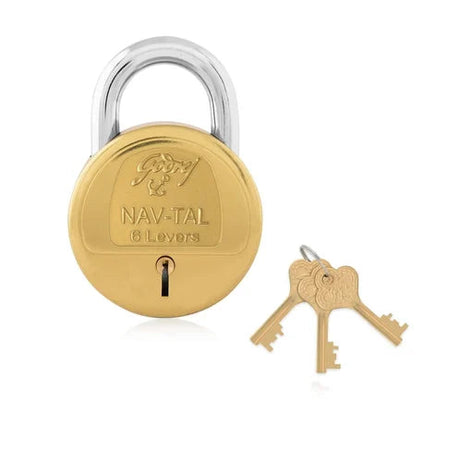 Gold lock with 'Godrej' branding and two keys on a white background