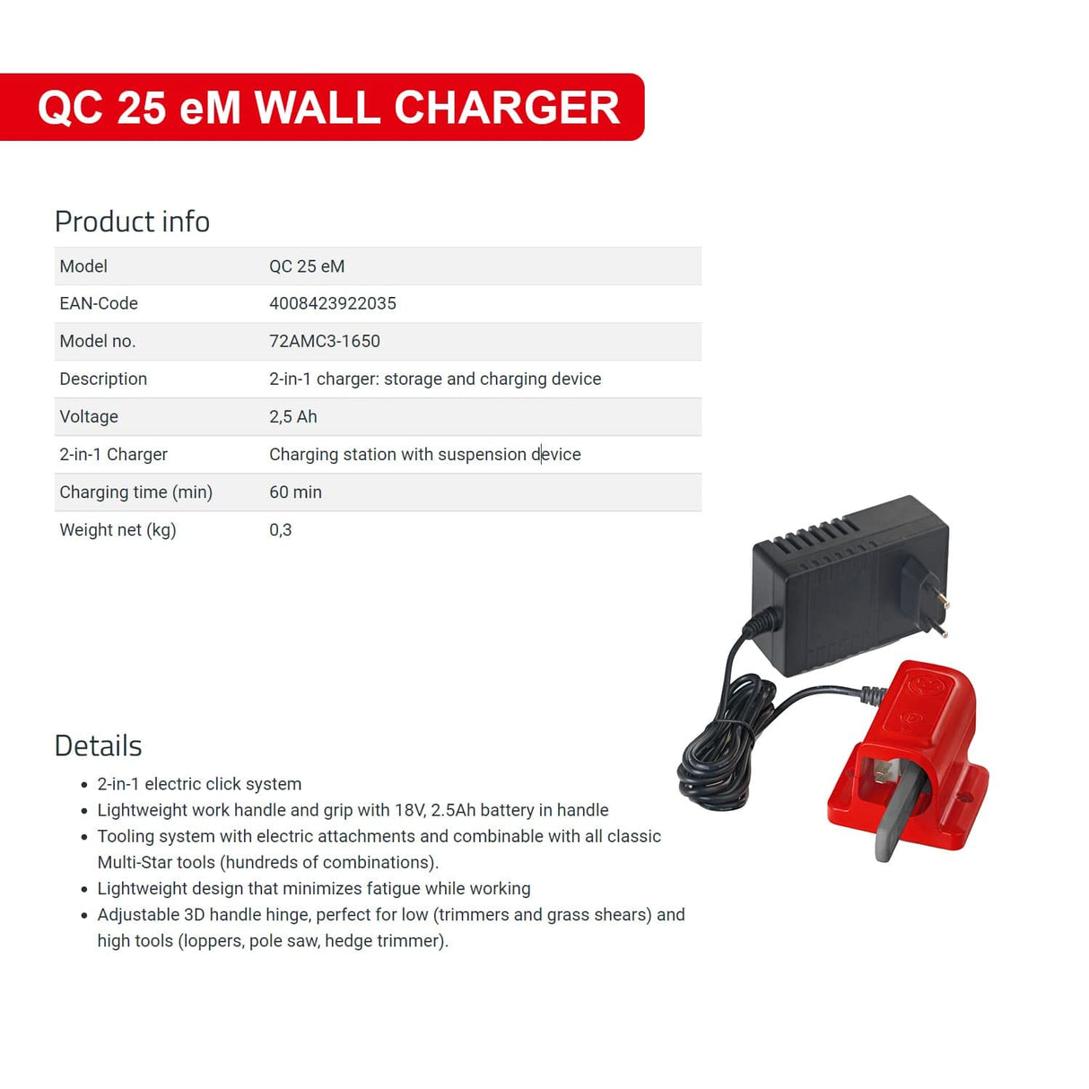 Wolf Garten e-Multi-Star Wall Charger (QC 25 eM) | Charger + Wall Mount in one Device | for House, Yard and Garden.