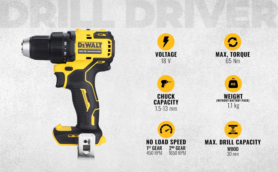 DEWALT DCD708N-XJ Reversible Drill Machine Driver With Brushless Motor- 18V Li-ion Sub-Compact Series Cordless 1/2"/13mm, 2 Year Warranty (Bare Tool)