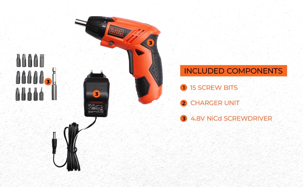 BLACK+DECKER KC4815 4.8V 200 RPM Cordless Screwdriver Set Ni-Cd (Nickel-Cadmium) with LED Worklight, 15-pieces Screw Bits Set & Adjustable Torque for Home & DIY Use, 1 Year Warranty, ORANGE & BLACK