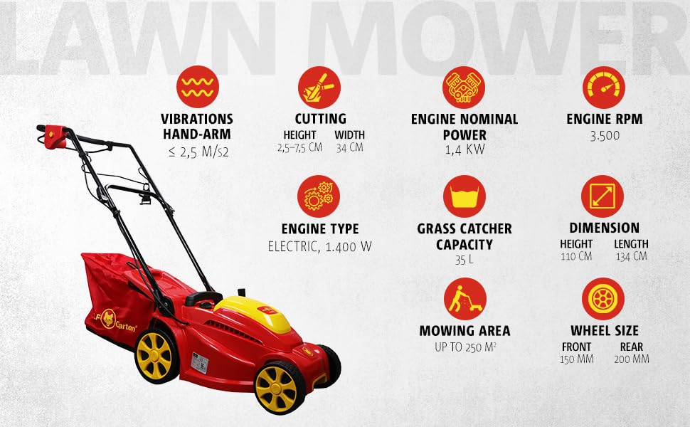 WOLF Garten 1400W 3500 RPM Electric 3-in-1 Push Lawn Mower with Soft Grip Handle