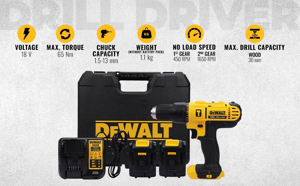 DEWALT DCD776S2 18V 13mm XR Lithium-Ion Cordless Hammer Drill Machine/Driver with 2x1.5 Ah Batteries included