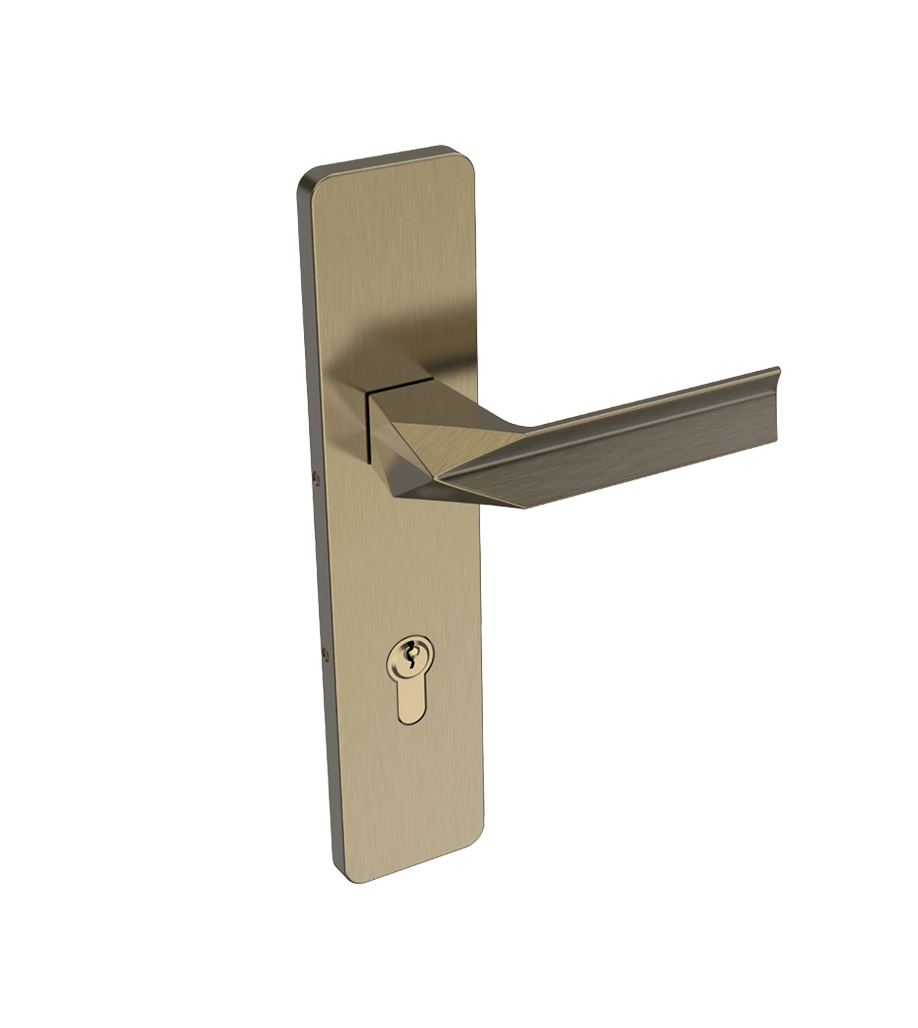 Gold door handle with lock on a white background