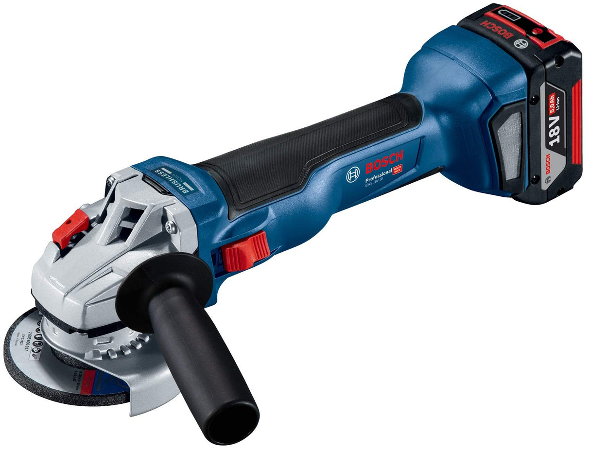 Bosch GWS 18V-10 Heavy Duty Cordless Angle Grinder, Brushless Motor, KickBack Control + 2 x battery GBA 18V 5.0Ah, Charger GAL 18V-40 & Accessories