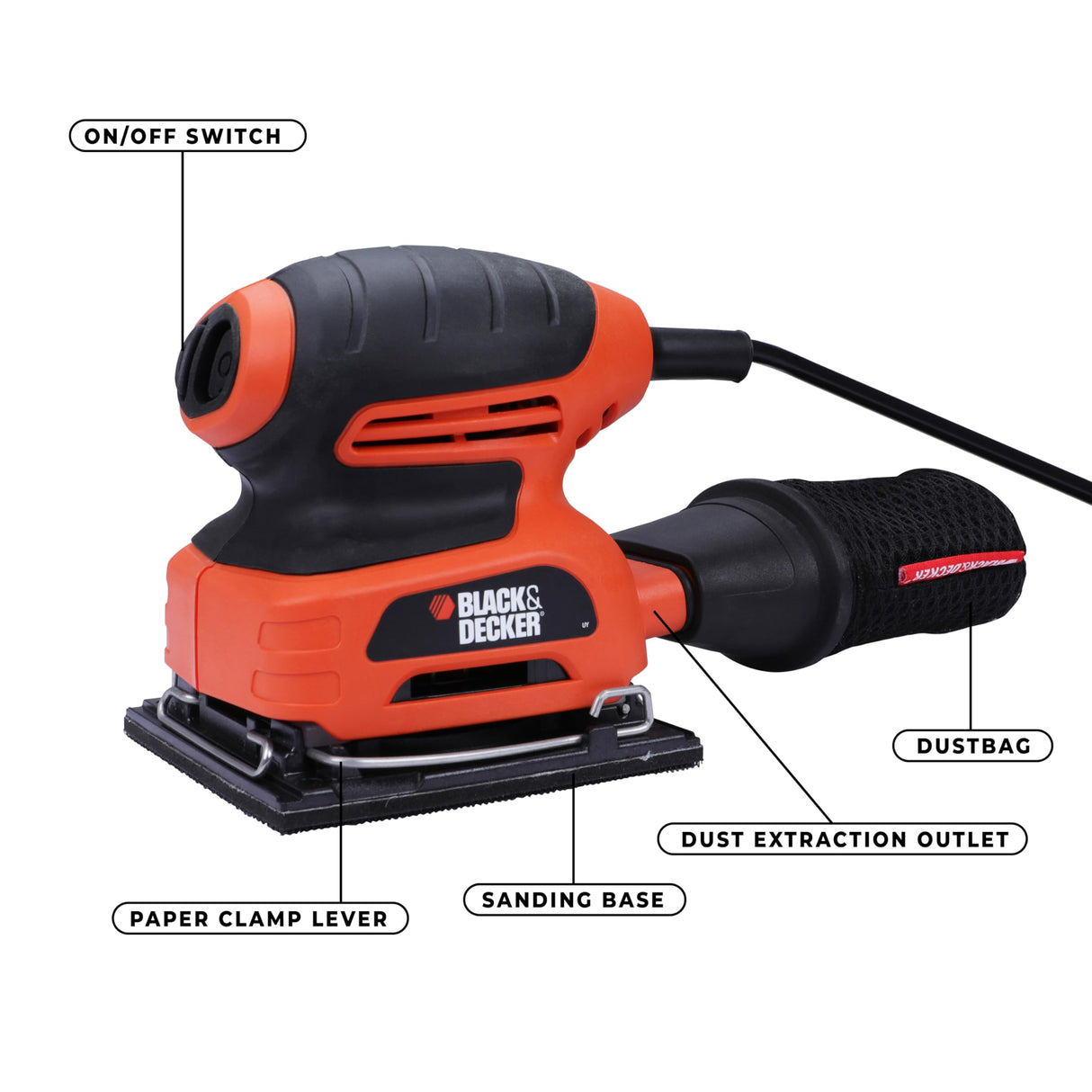 BLACK+DECKER KA400 220W 1/4'' Corded Single-Speed Sheet Sander with 16000 Orbits/minute for Paint, Varnish, Cleaning Glass, Removing Rust & Sanding in Tight Spaces