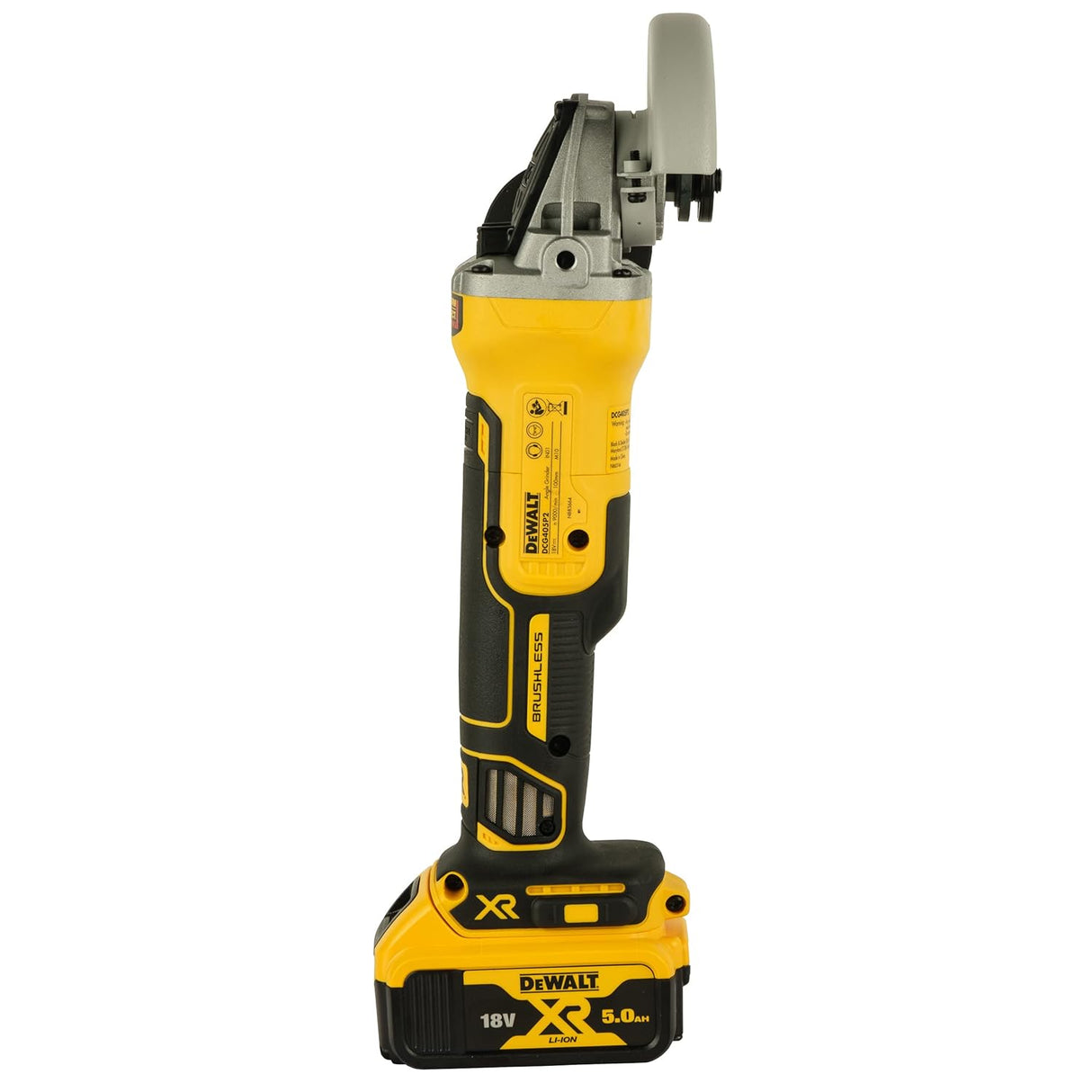 DEWALT DCG405P2-IN 18V 100mm Cordless Brushless Slide MAG Kit with 2x5.0Ah Li-ion batteries, Yellow