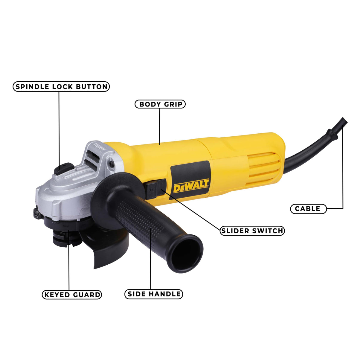 DEWALT DW802-IN, 850W, 4'' (100mm) Heavy Duty Angle Grinder Engineered For Heavy Duty Applications with Spindle Lock and Slide switch, 2 Year Warranty (SIDE HANDLE INCLUDED)