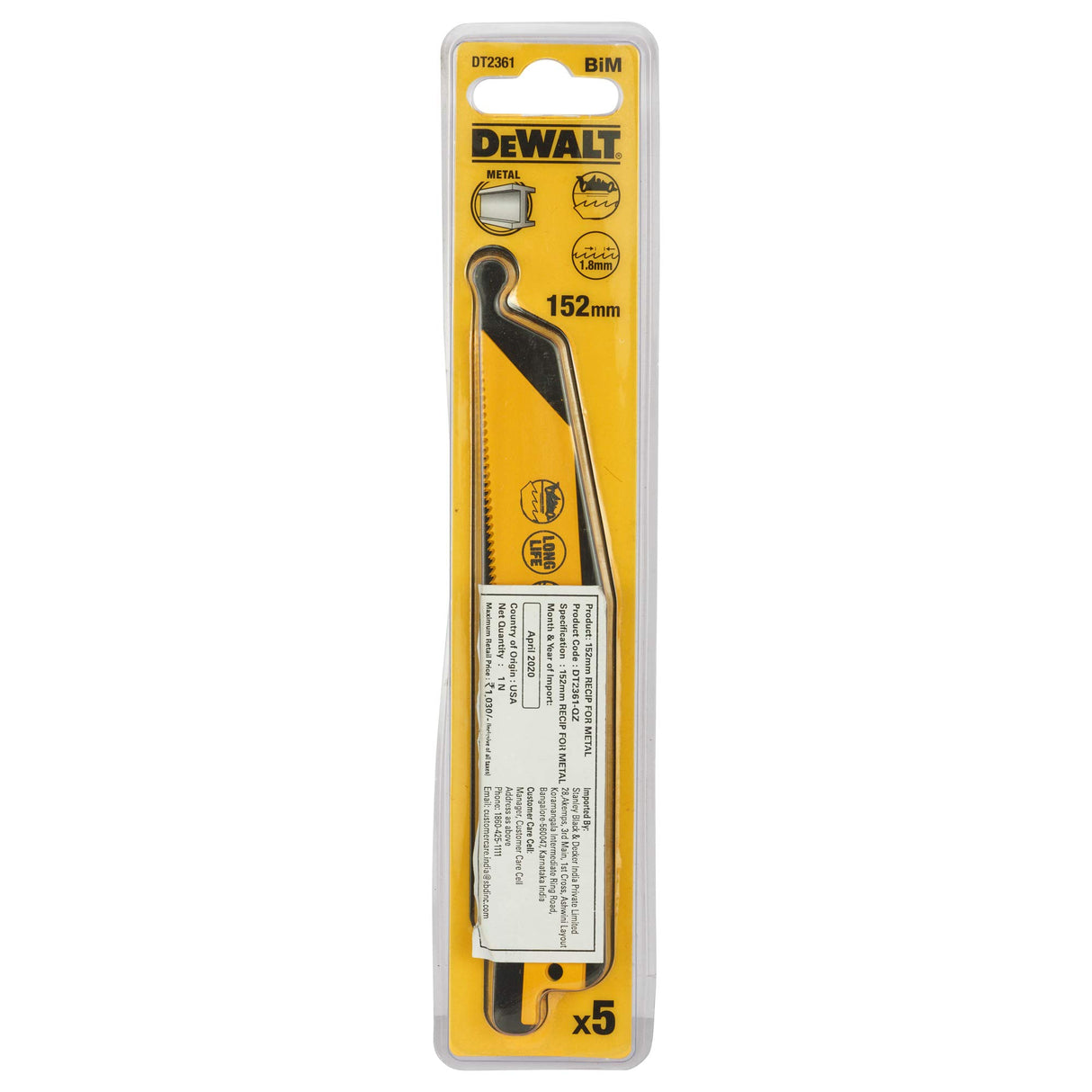 DEWALT DT2361-QZ RECIPROCATING BLADES – BI METAL FOR FAST CUTTING 152MM (PACK OF 5PCS)