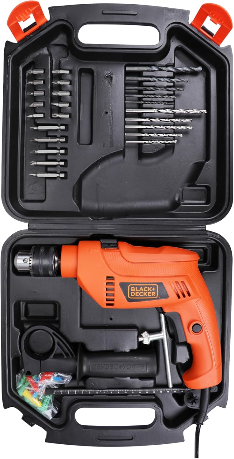 BLACK+DECKER HD555K50 550W 13mm Corded Variable Speed Reversible Impact Drill Machine Kit for Home & DIY Use