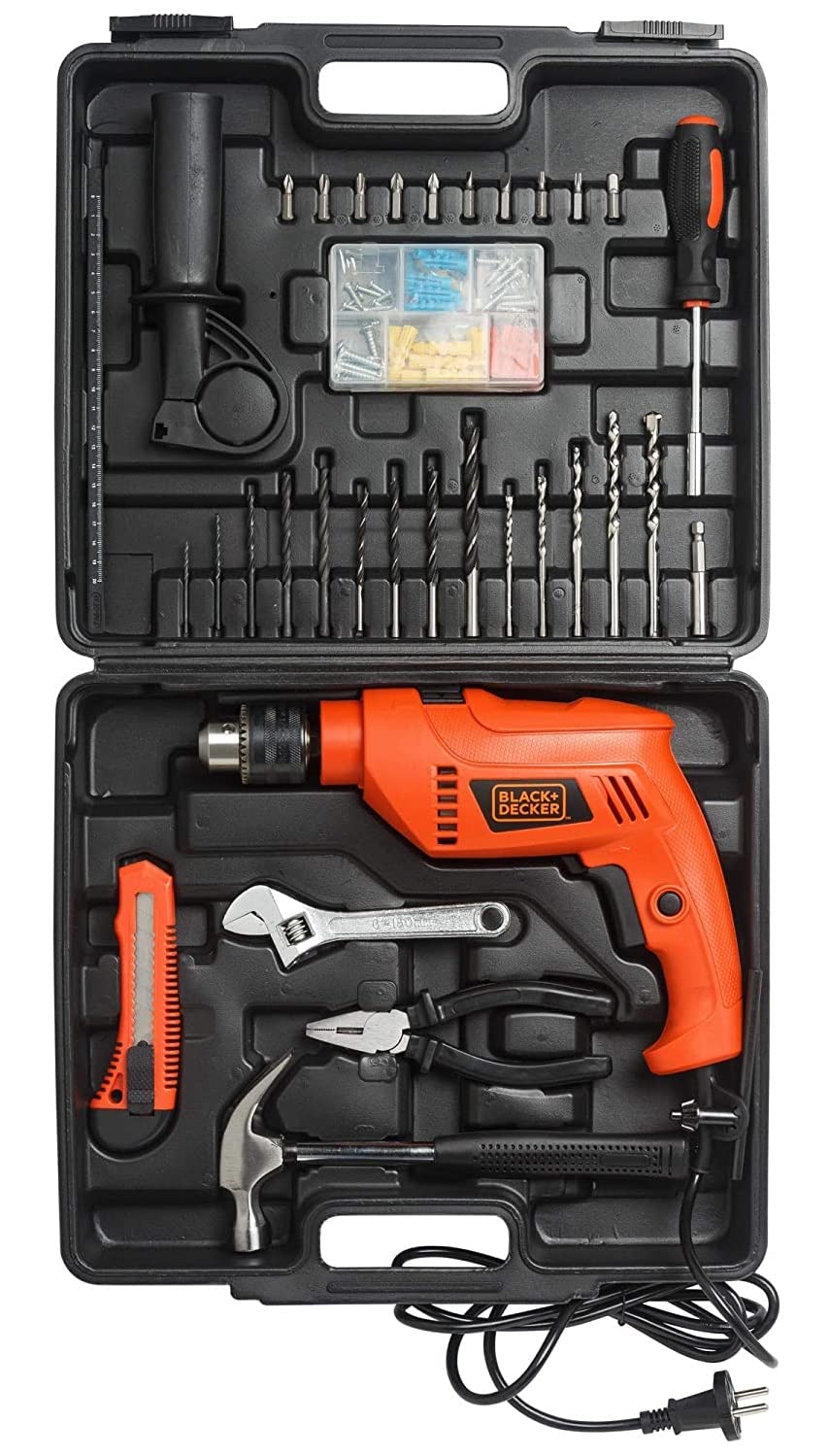 BLACK+DECKER HD555KMPR-B1 13mm 550Watt Hammer Drill and Hand Tools Kit for Home,DIY and Professional