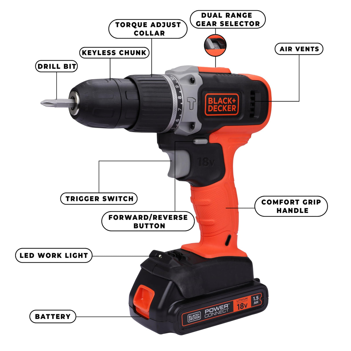 BLACK+DECKER Bcd003C1 18V 10Mm Cordless Variable Speed Hammer Drill Machine With 1X1.5Ah Li-Ion Battery & Led Backlight For Home & Diy Use,1 Year Warranty,Orange&Black