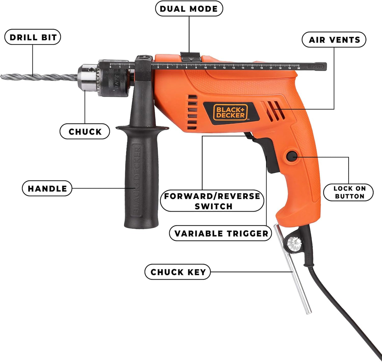 BLACK+DECKER HD555K50 550W 13mm Corded Variable Speed Reversible Impact Drill Machine Kit for Home & DIY Use