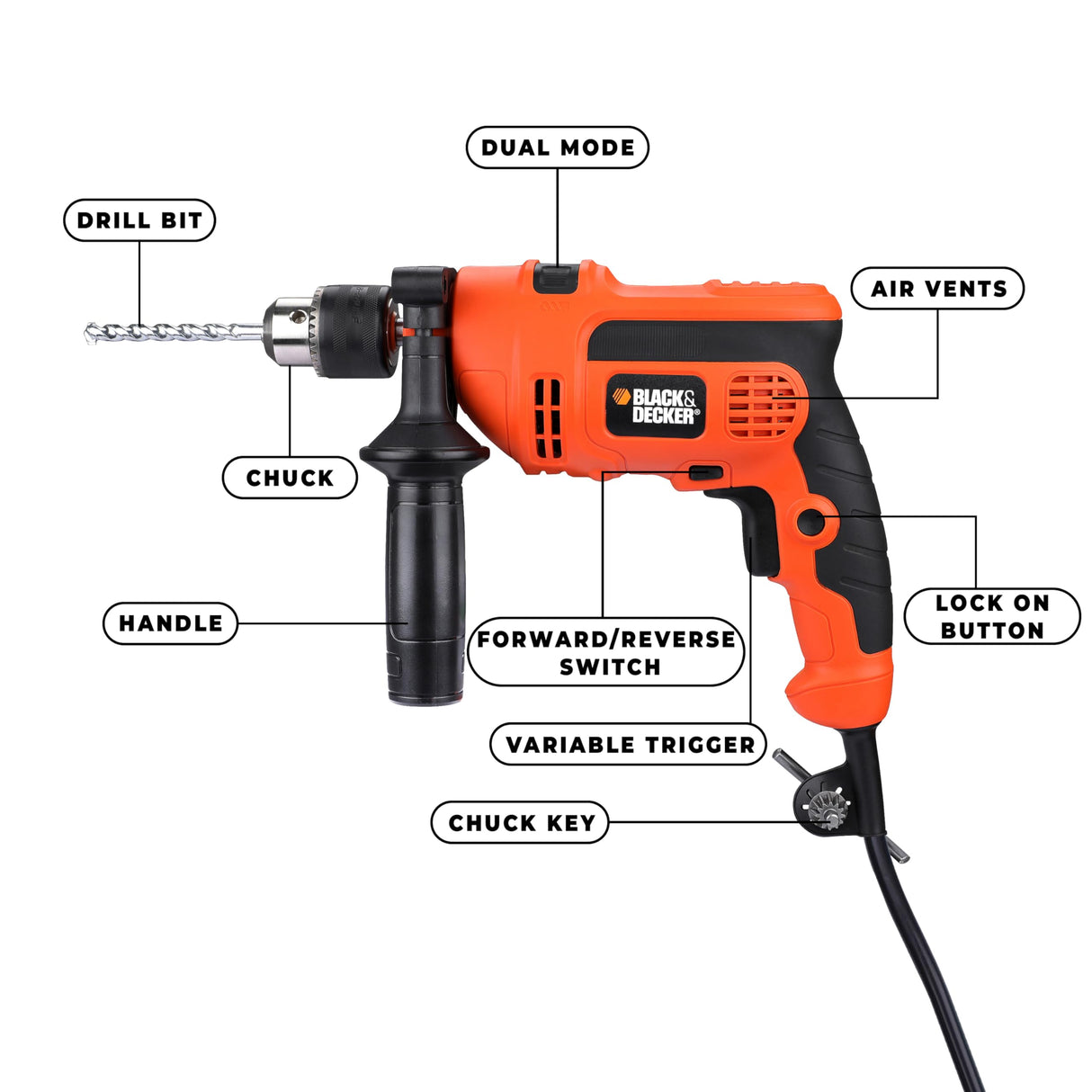 BLACK+DECKER KR5010 550W 10mm Single Speed Hammer Drill/Driver(orange)