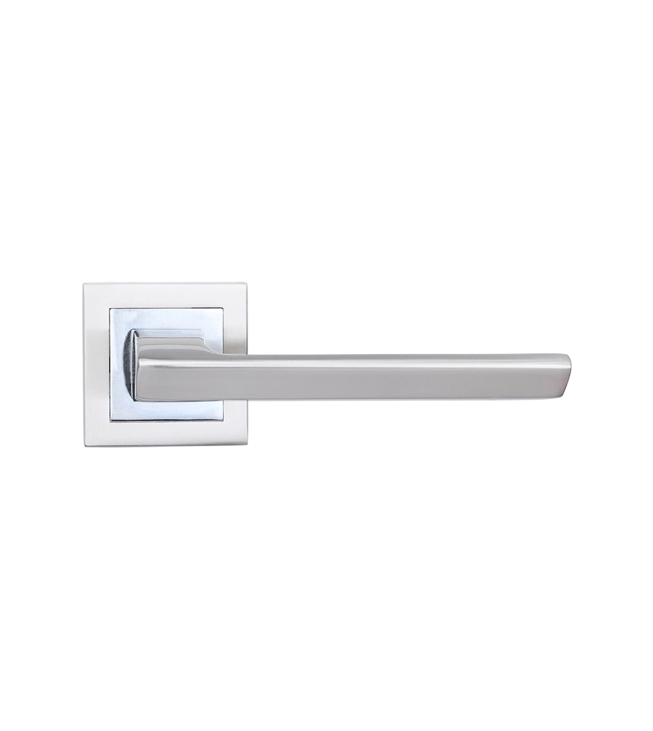 Modern door handle with square rose on a white background
