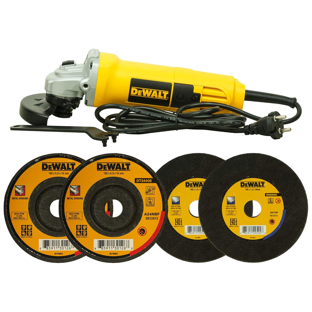 DEWALT DW810 750Watt 100mm Heavy Duty Small Angle Grinder and 2x DW8060 Cut off Wheel & 2x DT34406 Metal Grinding Abrasive Wheels for Angle Grinders Combo