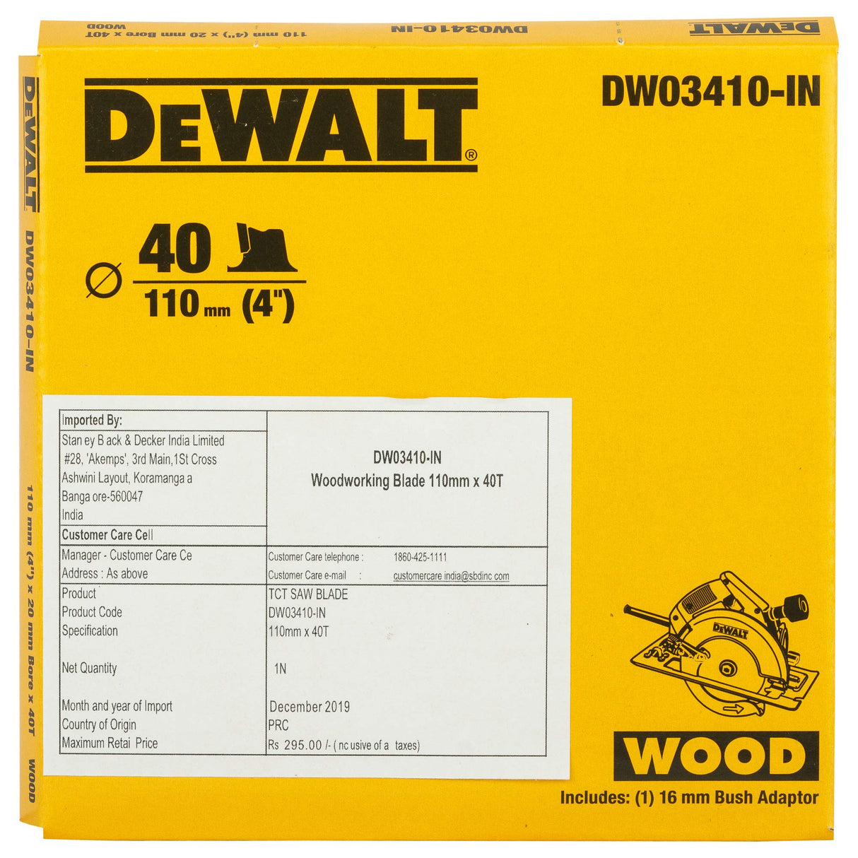 DEWALT DW03410 110mm 40T TCT Circular Saw Blade for cutting MDF Plywood and Laminated Wood