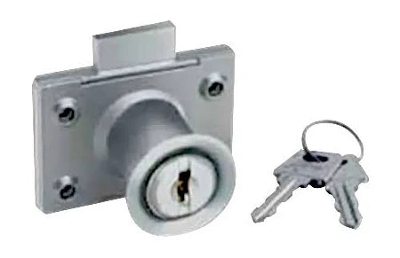 Metal door lock with two keys on a white background
