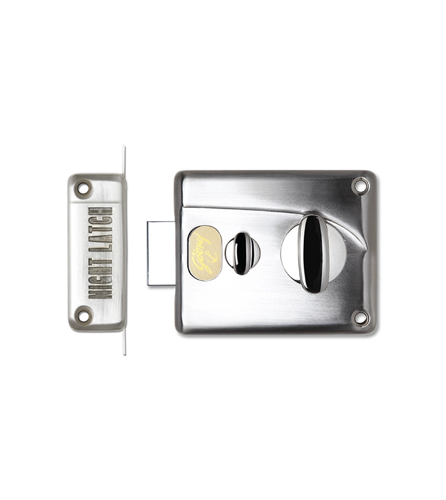 Metallic door lock mechanism on a white background